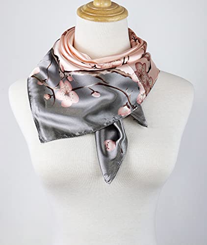 vabovin Elegant 35" Women's Satin Square Silk Feeling Large Neckerchief Fashion Accessory (Pale Pink Plum Blossom)