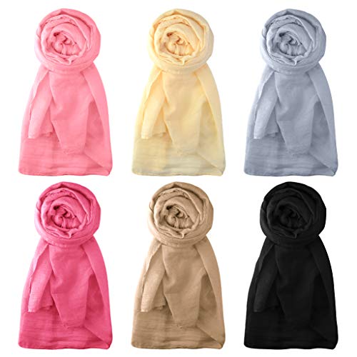 Tongcloud 6pcs Women Soft Cotton Hemp Scarf Shawl Long Scarves, Scarf and Wrap, Big Head Scarves Soft Long ScarvesTravel (Black, Light Gray, Khaki, Light Pink, Light Purple, Beige, 35.4x70.8'')