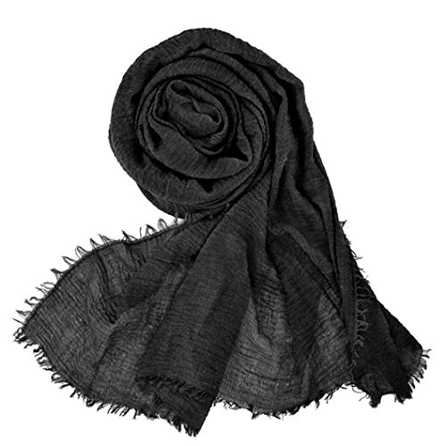 Women Summer Cotton Blend Crinkle Vintage Soft Long Scarf Linen Beach Shawl Wrap (Black)