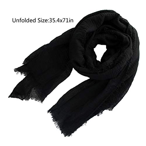 Women Summer Cotton Blend Crinkle Vintage Soft Long Scarf Linen Beach Shawl Wrap (Black)