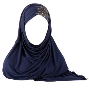glitter muslim turban hijab cap long hejab one piece islamic head scarves shawl wrap for women girls (navy blue)