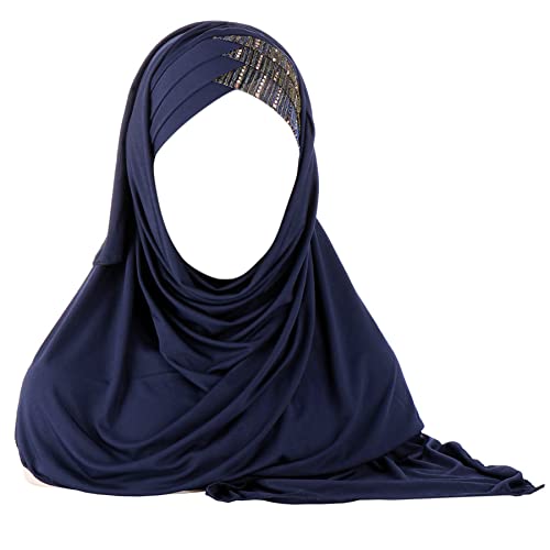 Glitter Muslim Turban Hijab Cap Long Hejab One Piece Islamic Head Scarves Shawl Wrap for Women Girls (Navy Blue)