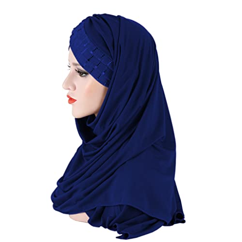 Glitter Muslim Turban Hijab Cap Long Hejab One Piece Islamic Head Scarves Shawl Wrap for Women Girls (Navy Blue)