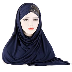 Glitter Muslim Turban Hijab Cap Long Hejab One Piece Islamic Head Scarves Shawl Wrap for Women Girls (Navy Blue)