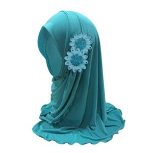kids girls lovely muslim hijab with flowers anti-uv sun protection breathable one piece islamic head scarf shawls arabian turban for 2-6 years blue