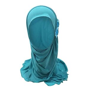 Kids Girls Lovely Muslim Hijab with Flowers Anti-UV Sun Protection Breathable One Piece Islamic Head Scarf Shawls Arabian Turban for 2-6 Years Blue