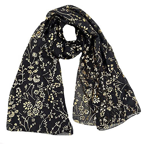 Lina & Lily Gold Glitter Floral Pattern Scarf Shawl Hijab (Black)