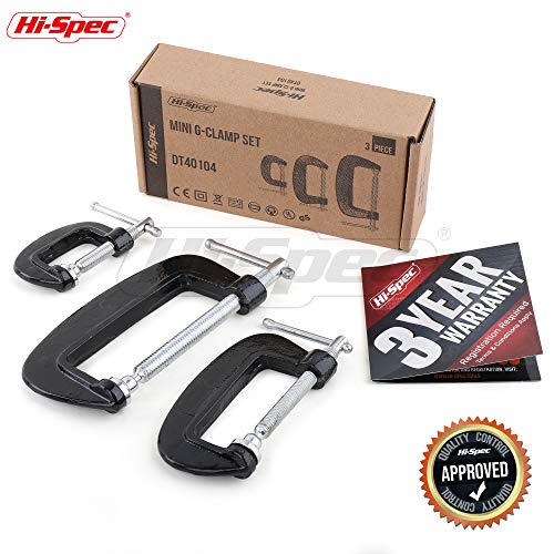 Hi-Spec 3pc Mini Small C Clamps Set. 1, 2 & 3 Inch Metal Clamps for DIY, Crafts, Woodworking & Carpentry