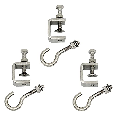 C Clamp Stainless Steel, Beam Clamp; C Clamps.Comes with Stainless Steel Hooks That Can Withstand 100 Pounds of Static Gravity (3Pcs) (round platen)