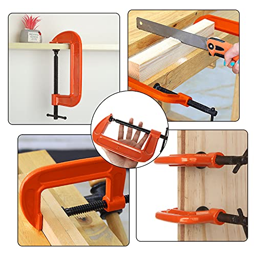 CYEAH 5 Inch C Clamps Heavy Duty 4 Pcs Malleable Iron C-Clamp G Clamp, Up To 5 Inch Jaw Opening, 3 Inch Throat Depth with T-Bar Handle for Woodworking, Welding, Building (Orange)