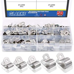 cable clamp assortment kit, glarks 50pcs 304 stainless steel 1/4” 5/16” 3/8” 1/2” 5/8” electrical metal clamp set