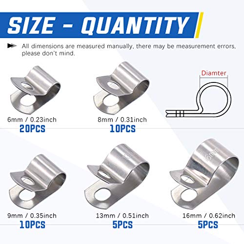 Cable Clamp Assortment Kit, Glarks 50Pcs 304 Stainless Steel 1/4'' 5/16'' 3/8'' 1/2'' 5/8'' Electrical Metal Clamp Set