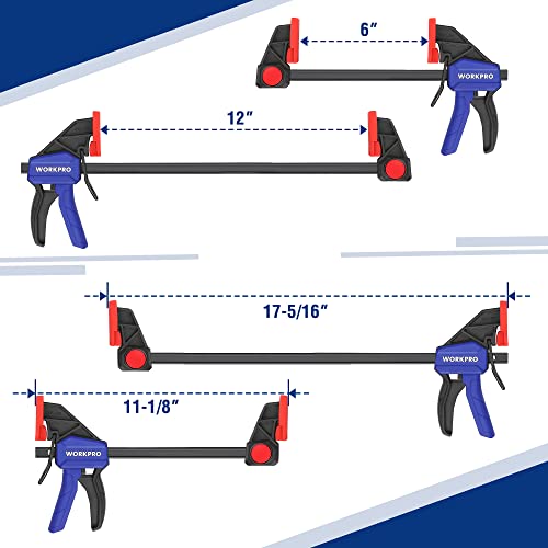 WORKPRO Bar Clamps for Woodworking, 6-Pack One-Handed Clamp/Spreader, 6-Inch (4) and 12-Inch (2) Wood Clamps Set, Light-Duty Quick-Change F Clamp with 150 lbs Load Limit