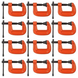 cyeah 12-pack 1 inch heavy duty c clamp, small malleable iron c-clamp g clamp, up to 1 inch jaw opening, 1 inch throat depth with t-bar handle for woodworking, welding, building (orange)