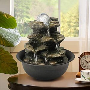 bbabe spinning orb rock cascading tabletop fountain, zen meditation indoor waterfall feature with led light for home office bedroom relaxation