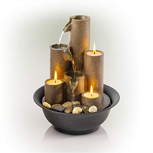 Alpine Corporation Tiered Column Tabletop Fountain with 3 Candles, Mini Waterfall for Indoor Spaces, Relaxation Water Feature, 11" Tall, Brown