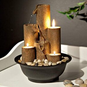 Alpine Corporation Tiered Column Tabletop Fountain with 3 Candles, Mini Waterfall for Indoor Spaces, Relaxation Water Feature, 11" Tall, Brown