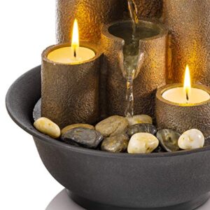 Alpine Corporation Tiered Column Tabletop Fountain with 3 Candles, Mini Waterfall for Indoor Spaces, Relaxation Water Feature, 11" Tall, Brown