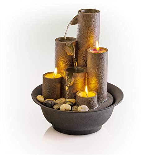 Alpine Corporation Tiered Column Tabletop Fountain with 3 Candles, Mini Waterfall for Indoor Spaces, Relaxation Water Feature, 11" Tall, Brown