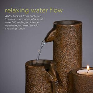 Alpine Corporation Tiered Column Tabletop Fountain with 3 Candles, Mini Waterfall for Indoor Spaces, Relaxation Water Feature, 11" Tall, Brown