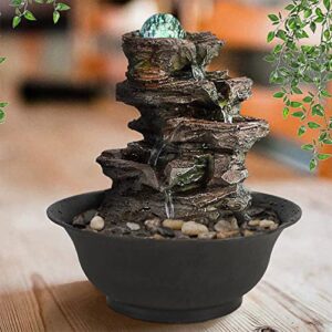 Ferrisland 4-Tier Tabletop Water Fountain with Cascading Rock Waterfall and LED Lights for Office Home Décor