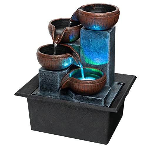 Small Indoor Waterfall Fountain-Tabletop Fountain 4 Level-Indoor Desktop Fountain with Audible Calming Waterfall Sounds for Feng Shui Effect-Cascading LED Color Lighting