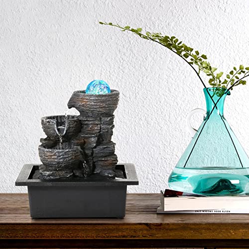 Dyna-Living Water Fountains Indoor Tabletop Fountain with Pump Waterfall Fountain Indoor Coloured LED Lights Desk Water Fountains for Home Office Decor