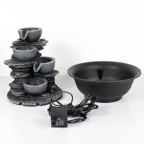 Xpiyaer 10.6” High Cascading Tabletop Fountain w/LED Light - 4-Tier Bowls Rock Water Fountains Indoor Small Relaxation Waterfall Feature for Home, Office and End Table Decoration (10.6" high, Gray)