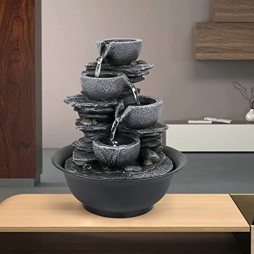 Xpiyaer 10.6” High Cascading Tabletop Fountain w/LED Light - 4-Tier Bowls Rock Water Fountains Indoor Small Relaxation Waterfall Feature for Home, Office and End Table Decoration (10.6" high, Gray)