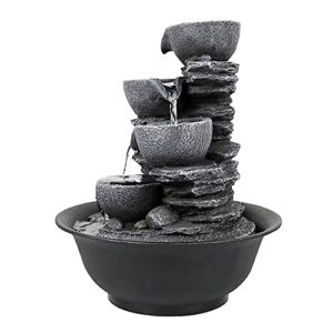 Xpiyaer 10.6” High Cascading Tabletop Fountain w/LED Light - 4-Tier Bowls Rock Water Fountains Indoor Small Relaxation Waterfall Feature for Home, Office and End Table Decoration (10.6" high, Gray)