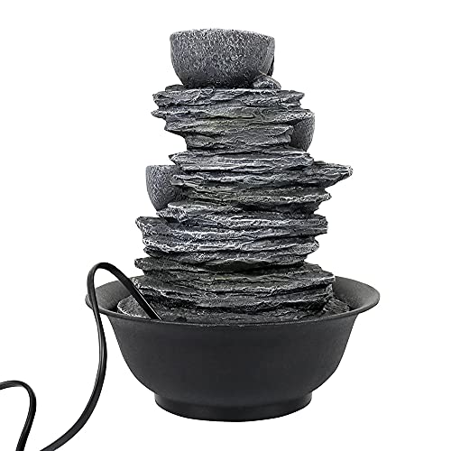 Xpiyaer 10.6” High Cascading Tabletop Fountain w/LED Light - 4-Tier Bowls Rock Water Fountains Indoor Small Relaxation Waterfall Feature for Home, Office and End Table Decoration (10.6" high, Gray)