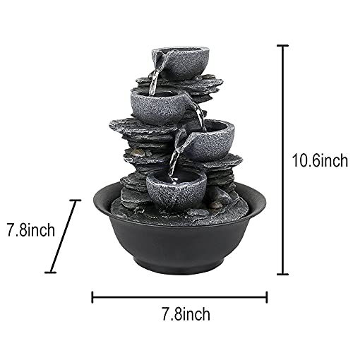 Xpiyaer 10.6” High Cascading Tabletop Fountain w/LED Light - 4-Tier Bowls Rock Water Fountains Indoor Small Relaxation Waterfall Feature for Home, Office and End Table Decoration (10.6" high, Gray)