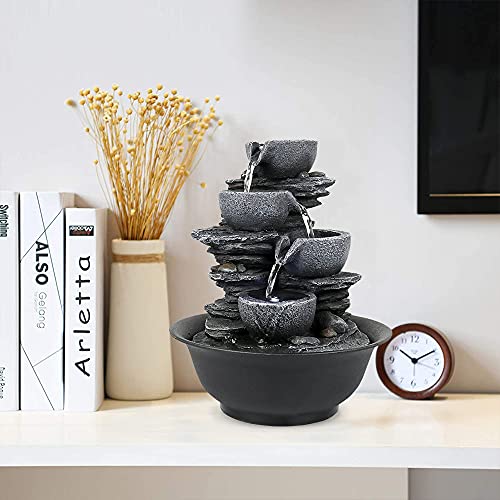 Xpiyaer 10.6” High Cascading Tabletop Fountain w/LED Light - 4-Tier Bowls Rock Water Fountains Indoor Small Relaxation Waterfall Feature for Home, Office and End Table Decoration (10.6" high, Gray)