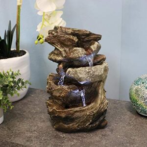 sunnydaze indoor electric tabletop fountain with led lights – decorative tiered rock and log waterfall design – quiet and soothing water sound – small 10.5 inch desktop size