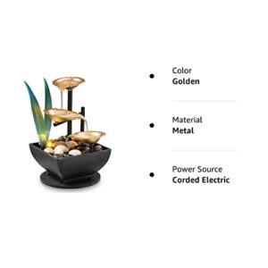 AMOOTEK Tabletop Fountain Desktop 3-Tier Indoor Golden Lotus Leaf Relaxation Fountains Waterfall, Office Home Decor Including Lots of Natural River Rocks and Warm Yellow Scene Light, AM-MR2005