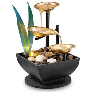 amootek tabletop fountain desktop 3-tier indoor golden lotus leaf relaxation fountains waterfall, office home decor including lots of natural river rocks and warm yellow scene light, am-mr2005