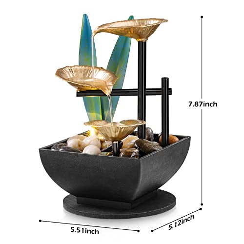 AMOOTEK Tabletop Fountain Desktop 3-Tier Indoor Golden Lotus Leaf Relaxation Fountains Waterfall, Office Home Decor Including Lots of Natural River Rocks and Warm Yellow Scene Light, AM-MR2005