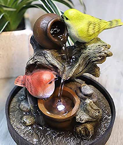 Ferrisland Tabletop Fountain Birds Waterfall Desktop Electric Water Fountain Decor w/LED - Indoor Outdoor Portable Tabletop Decorative Zen Meditation Waterfall Kit Includes Submersible Pump