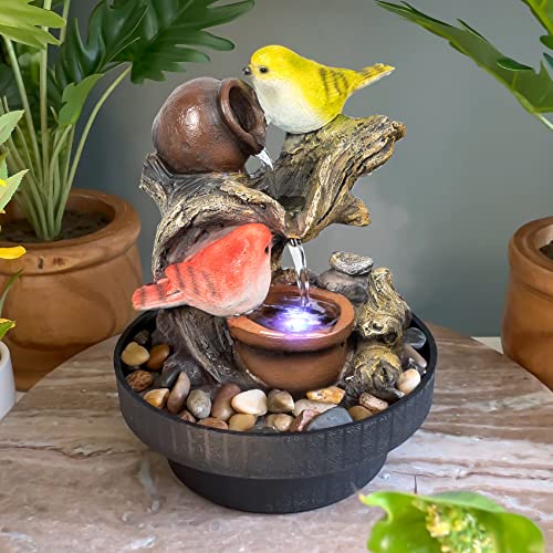 Ferrisland Tabletop Fountain Birds Waterfall Desktop Electric Water Fountain Decor w/LED - Indoor Outdoor Portable Tabletop Decorative Zen Meditation Waterfall Kit Includes Submersible Pump