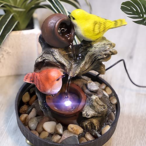 Ferrisland Tabletop Fountain Birds Waterfall Desktop Electric Water Fountain Decor w/LED - Indoor Outdoor Portable Tabletop Decorative Zen Meditation Waterfall Kit Includes Submersible Pump