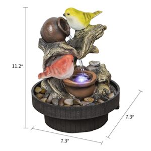 Ferrisland Tabletop Fountain Birds Waterfall Desktop Electric Water Fountain Decor w/LED - Indoor Outdoor Portable Tabletop Decorative Zen Meditation Waterfall Kit Includes Submersible Pump