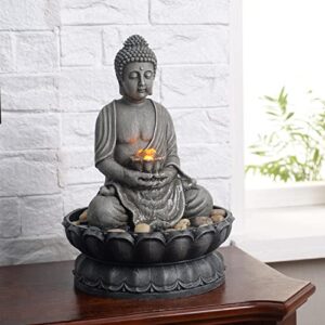 GOSSI 11.2 in Tall Indoor Tabletop Buddha Fountains Desk Water Fountain Sitting Buddha Fountain Zen Fountain w/ Reflective Lighting/Cobblestone Office and Home Decor