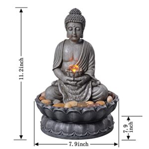 GOSSI 11.2 in Tall Indoor Tabletop Buddha Fountains Desk Water Fountain Sitting Buddha Fountain Zen Fountain w/ Reflective Lighting/Cobblestone Office and Home Decor