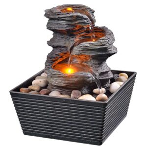 gossi 3-tiered cascading tabletop water fountains with led light – indoor simulation rock waterfall fountain – soothing and relaxing water sound – small 8.3 inch desktop size – home/office decor