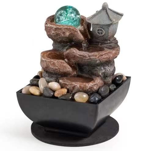 Tabletop Fountain Indoor Waterfall Meditation Fountain Office Relaxing Tabletop Fountain Pavilion Decor Includes Many Natural River Rock LED Lights Rolling Decorative Bubble Balls