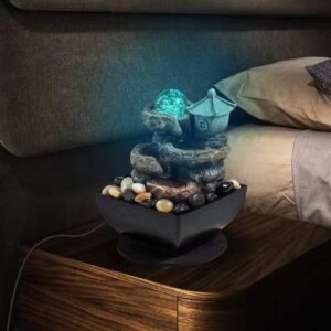 Tabletop Fountain Indoor Waterfall Meditation Fountain Office Relaxing Tabletop Fountain Pavilion Decor Includes Many Natural River Rock LED Lights Rolling Decorative Bubble Balls