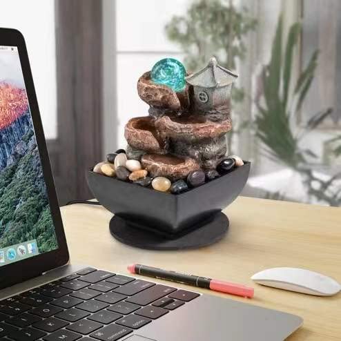 Tabletop Fountain Indoor Waterfall Meditation Fountain Office Relaxing Tabletop Fountain Pavilion Decor Includes Many Natural River Rock LED Lights Rolling Decorative Bubble Balls