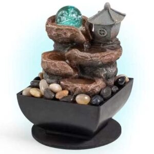 Tabletop Fountain Indoor Waterfall Meditation Fountain Office Relaxing Tabletop Fountain Pavilion Decor Includes Many Natural River Rock LED Lights Rolling Decorative Bubble Balls