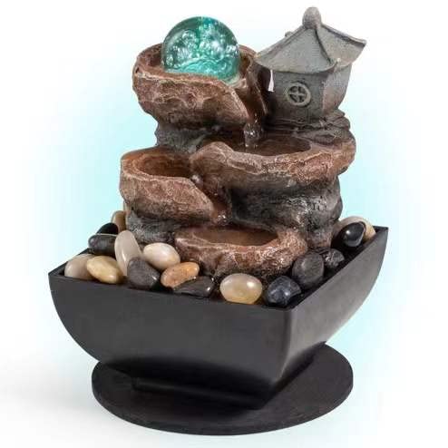 Tabletop Fountain Indoor Waterfall Meditation Fountain Office Relaxing Tabletop Fountain Pavilion Decor Includes Many Natural River Rock LED Lights Rolling Decorative Bubble Balls