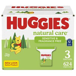 sensitive baby wipes, huggies natural care baby diaper wipes, unscented, hypoallergenic, 99% purified water, 3 refill packs (624 wipes total) packaging may vary, 208 count (pack of 3)